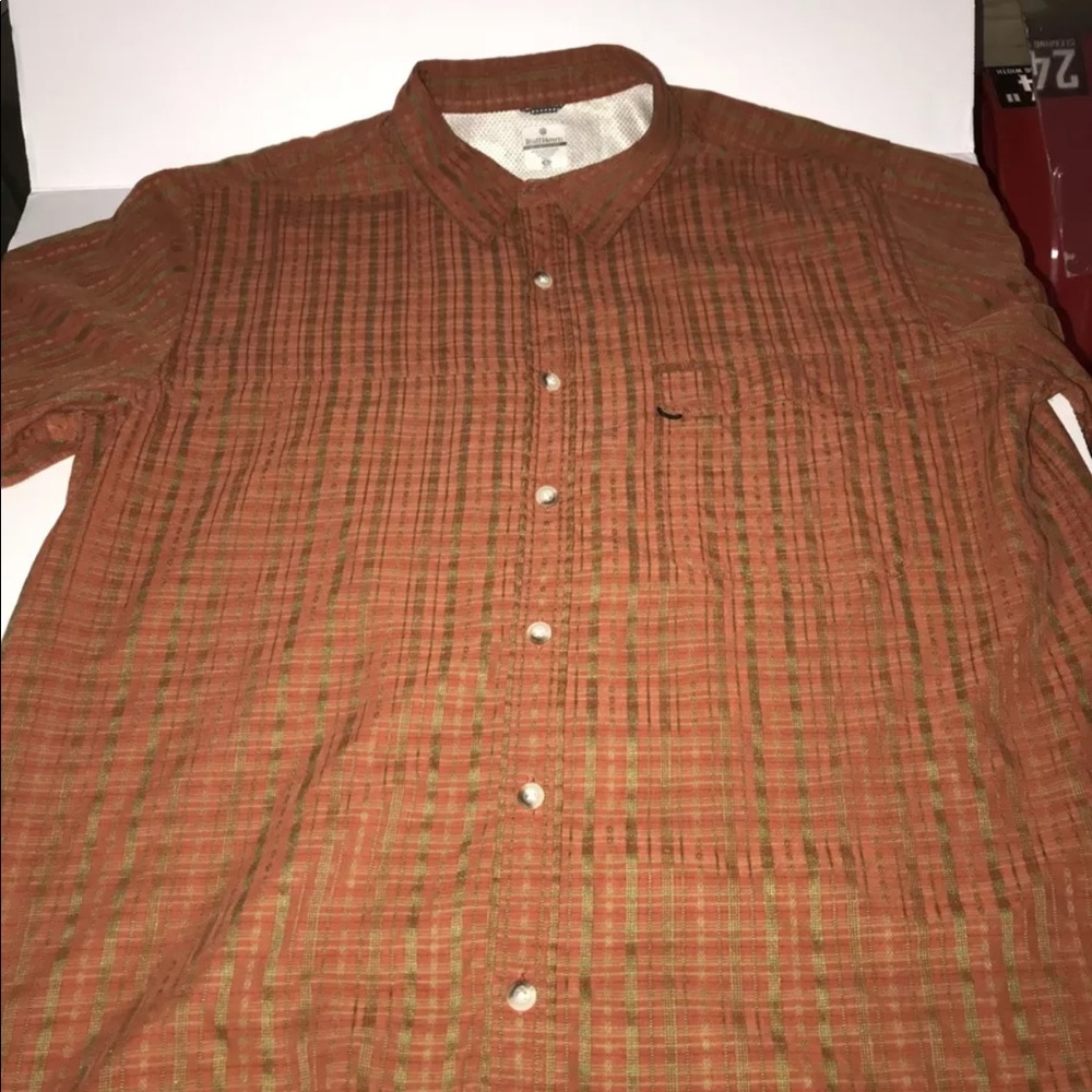 Ruff Hewn Outdoors Mens Large Orange/Green Plaid Short Sleeve Button Front Shirt